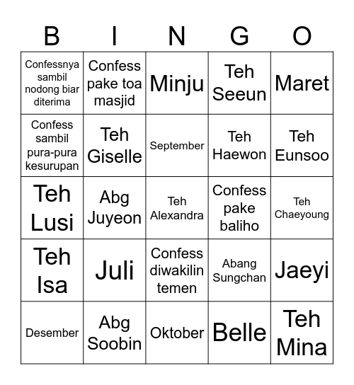 Jaeyi Bingo Card