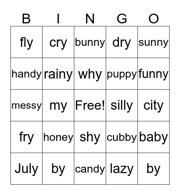 Y as i and e Bingo Card