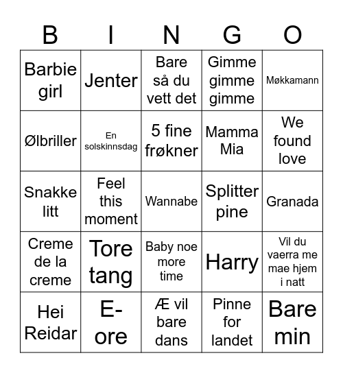 Musikkbingo🕺💃🏼 Bingo Card