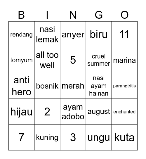 shenaia Bingo Card