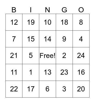 NUMBER  Bingo Card