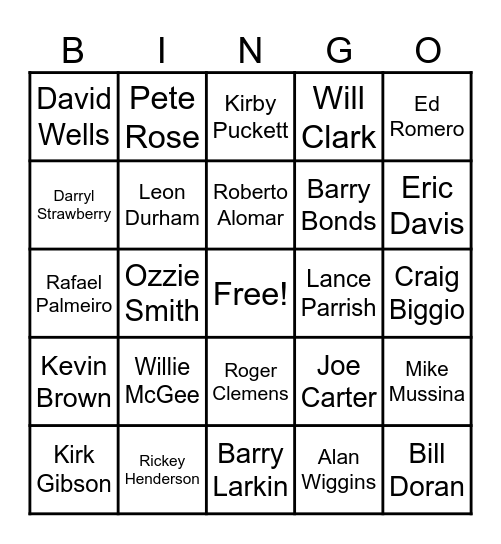 62 - 90's BASEBALL PLAYERS Bingo Card