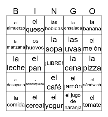 Objective 5.1: La comida Bingo Card