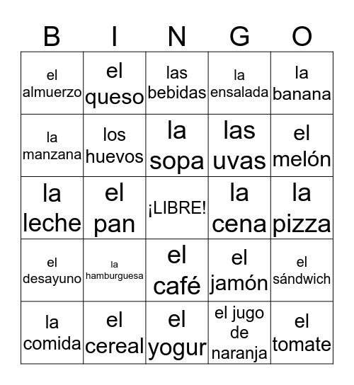 Objective 5.1: La comida Bingo Card