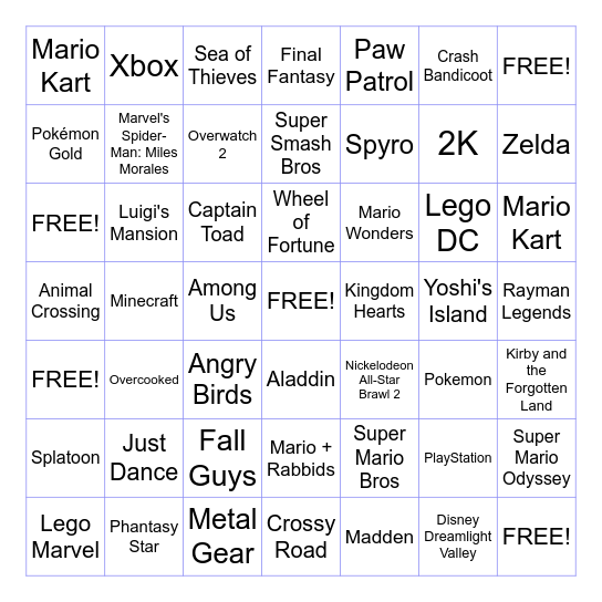 Mrs. T's Favorite Games Bingo Card