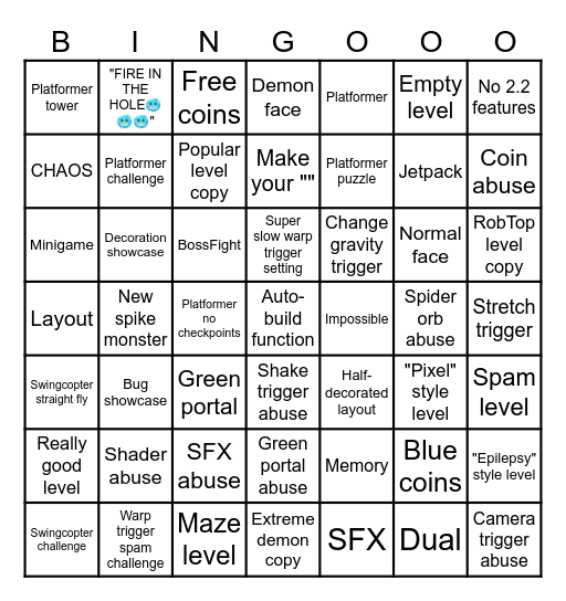 Geometry Dash 2.2 Recent Tab Bingo by Fr1man Bingo Card