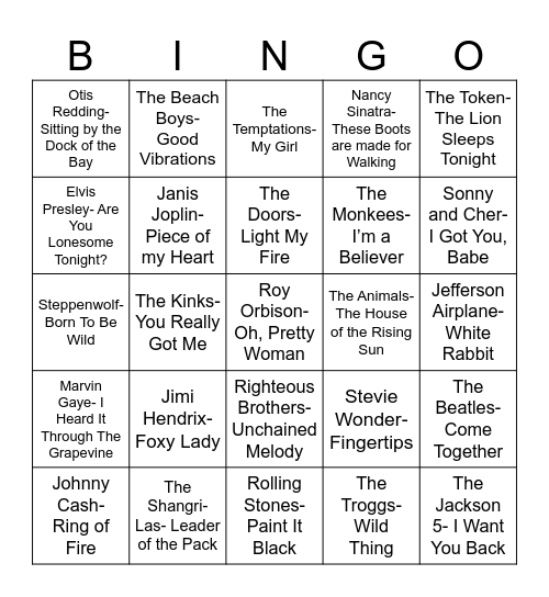 Radio Bingo 60's Music Bingo Card