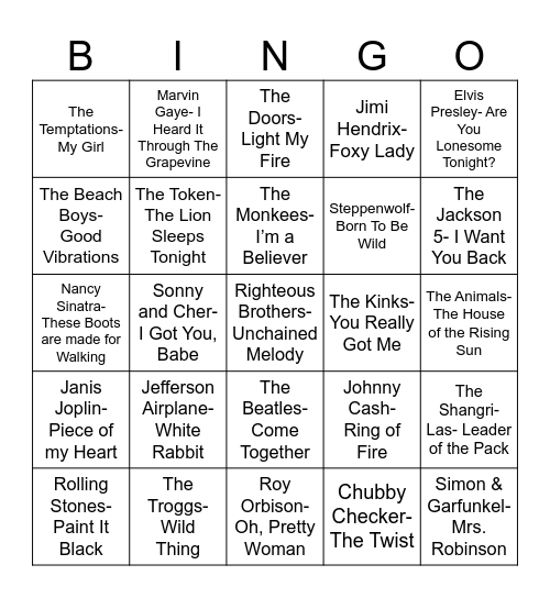 Radio Bingo 60's Music Bingo Card