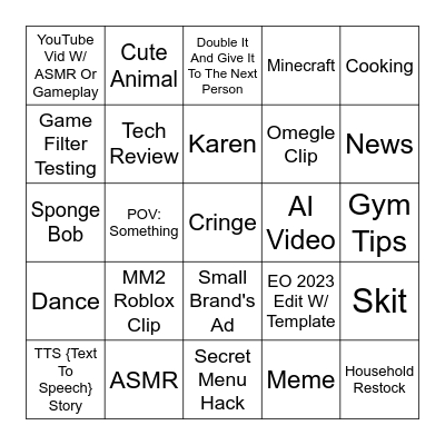 Tiktok Bingo Card