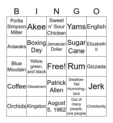 JAMAICA Bingo Card
