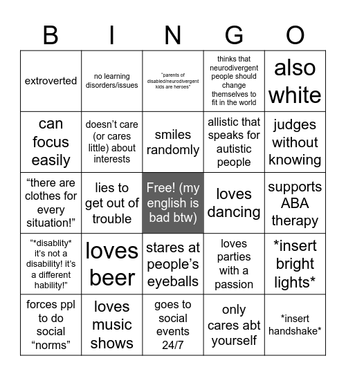 Neurotypical Bingo Card