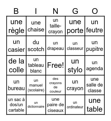 Les fournitures scolaires Bingo Card