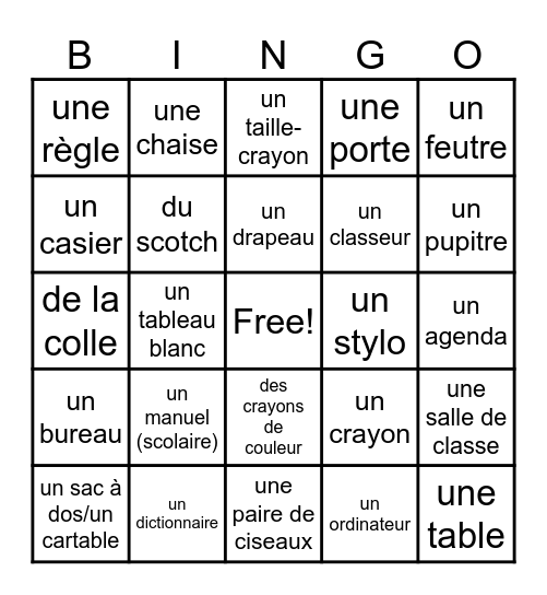 Loterie les fournitures scolaires Bingo Card