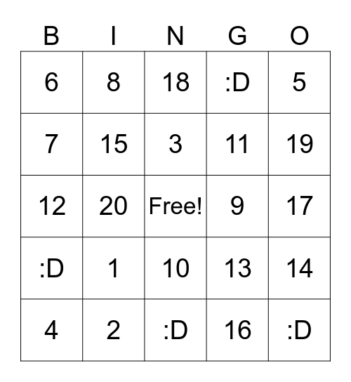 Numbers Bingo Card