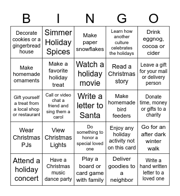 Holiday Bucket List Bingo Card