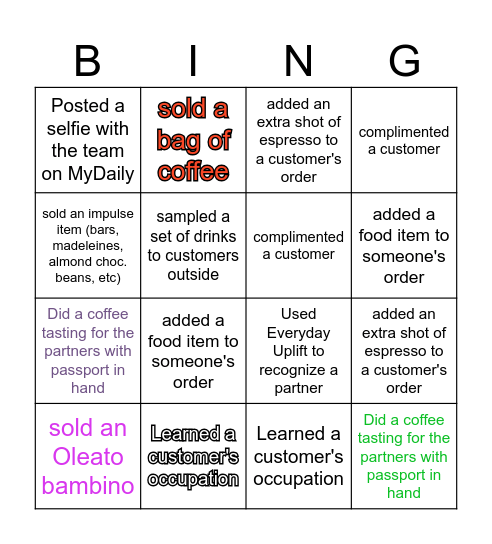 Customer Connection/Upselling Competition Bingo Card