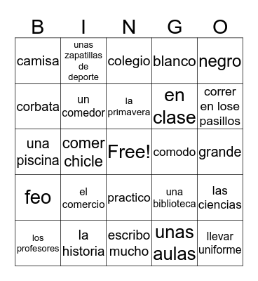 School Bingo Card