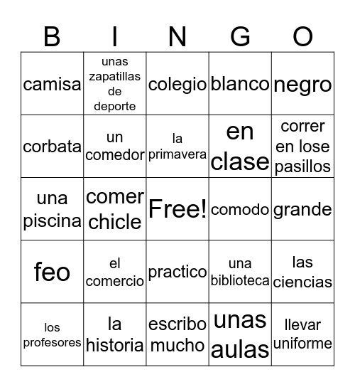 School Bingo Card