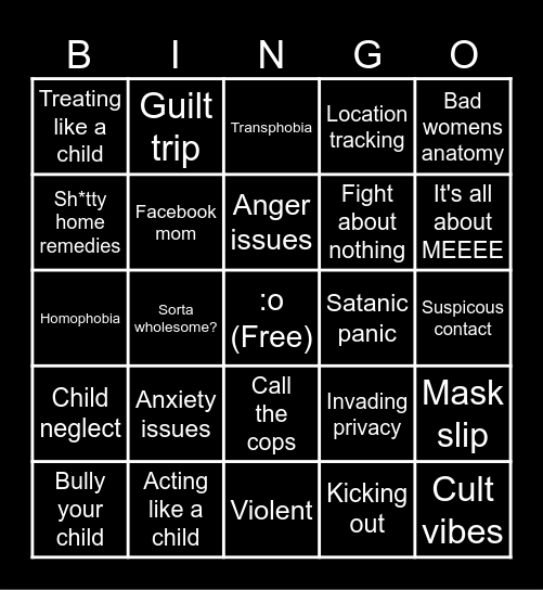 Insane Parents Bingo Card