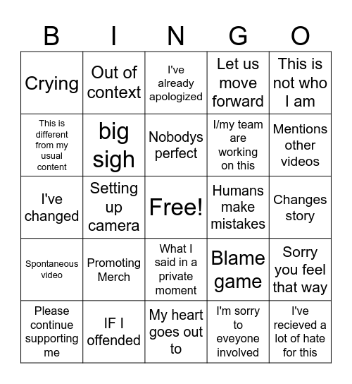 YouTube Apology Bingo Card