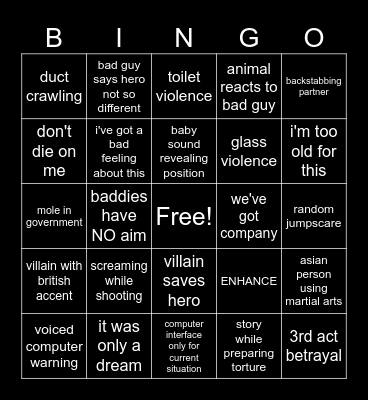 Action movie tropes Bingo Card