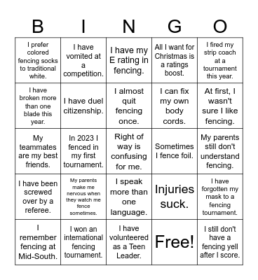 Winter Camp Bingo Card