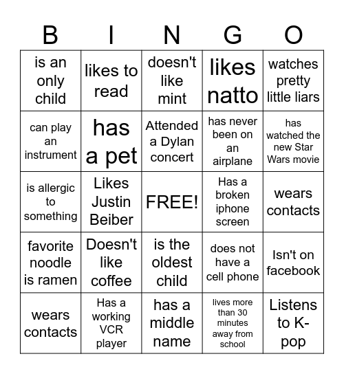 INTRODUCTION Bingo Card