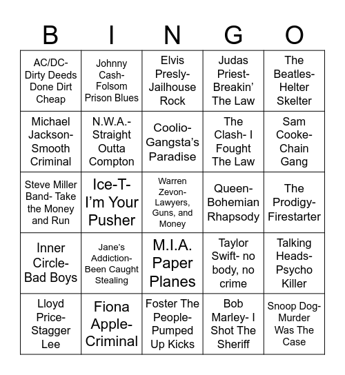 Radio Bingo Cops & Robbers Bingo Card