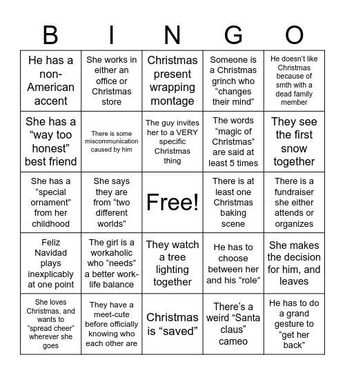 Michelle’s Cwismois RomCom Card Bingo Card