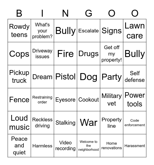 Fear Thy Neighbor Bingo Card