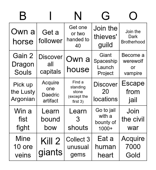 Skyrim Bingo Card