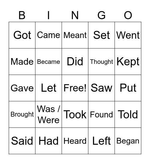 Irregular Verbs Bingo Card