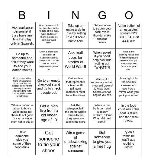 Mall Bingo Game Bingo Card