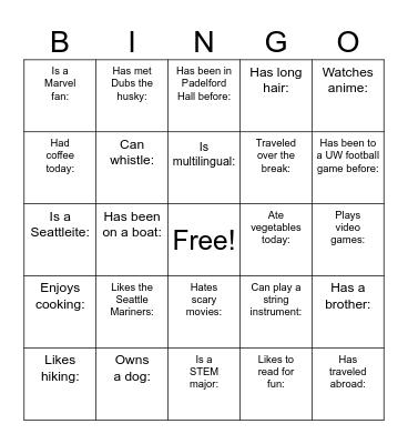 Find Someone Who (Write their name below) Bingo Card