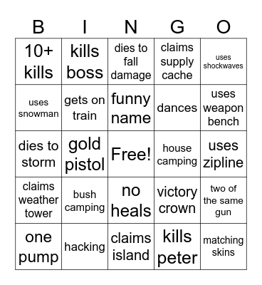 fortnite bingo Card
