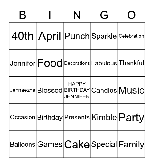 Happy 40th Birthday Jennifer !!! Bingo Card