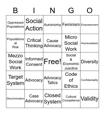 Wonderful World of Social Work Bingo Card