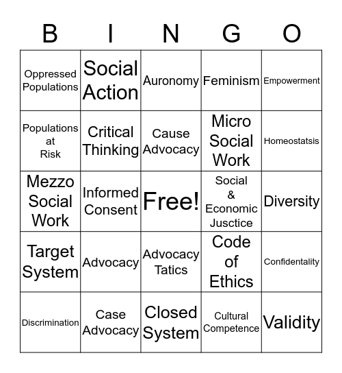Wonderful World of Social Work Bingo Card