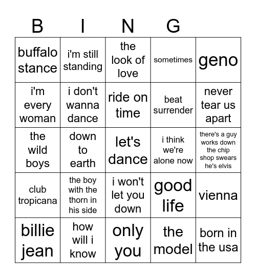80s music Bingo Card