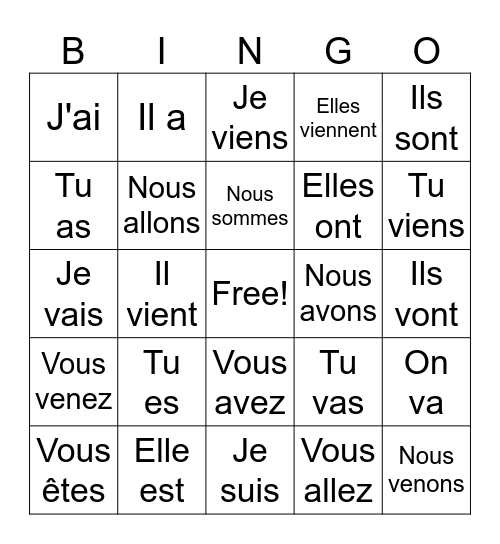 VERBES ÊTRE, AVOIR, ALLER ET VENIR Bingo Card