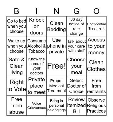 Resident Rights Bingo Card