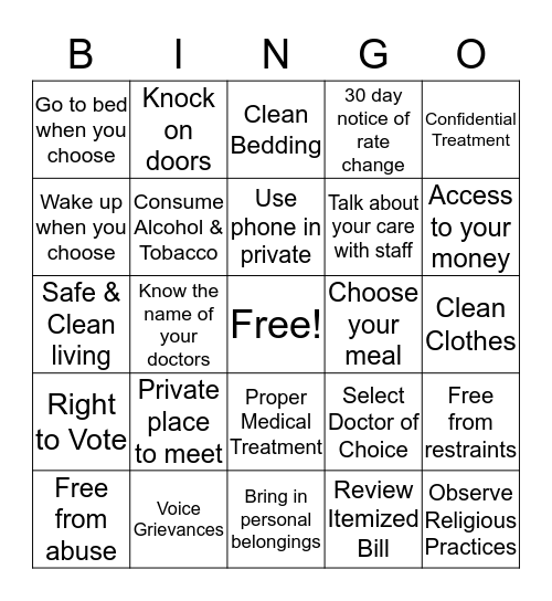 Resident Rights Bingo Card