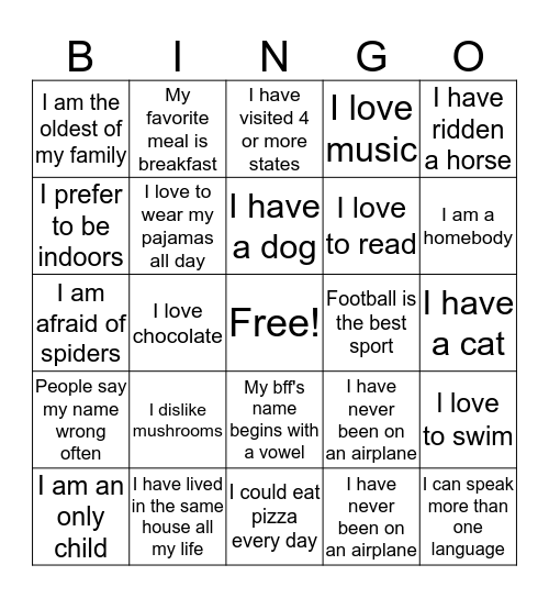 GET TO KNOW YOU BINGO!!! Bingo Card
