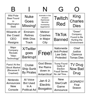 World Events Bingo Card
