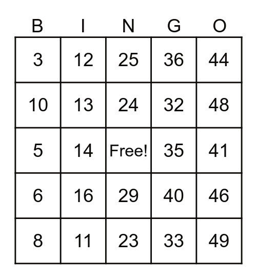 Baby Douglas’ Bingo Game Bingo Card