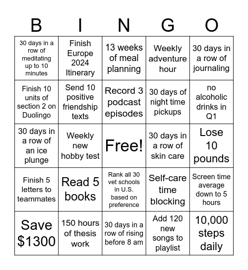 Quarter 1 Bingo Card