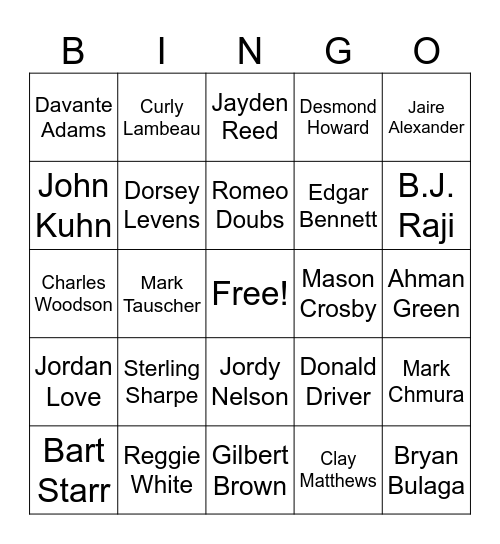 Packer Player Bingo Card