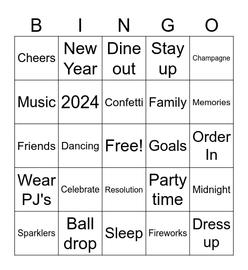 Happy New Year 2024 Bingo Card