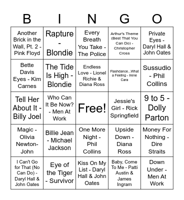Capital Bingo - 80s #1s Volume 1 Bingo Card