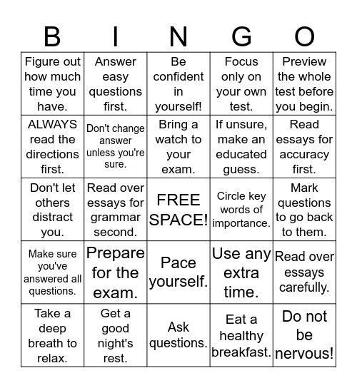Test-Taking Strategies BINGO! Bingo Card